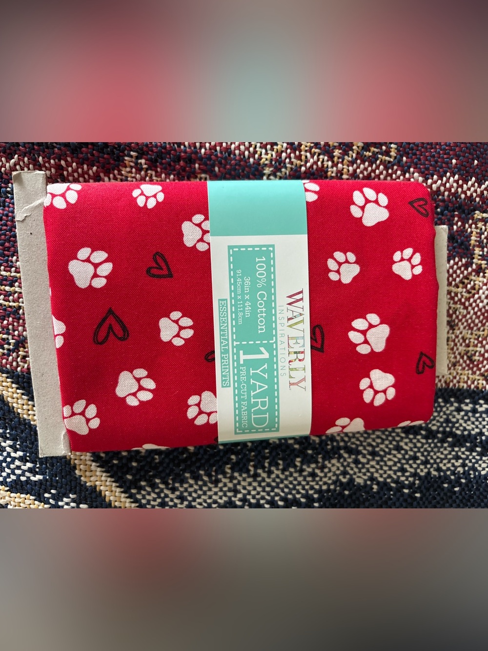 Waverly Cotton Fabric; Red With White Paw Prints and Black Hearts